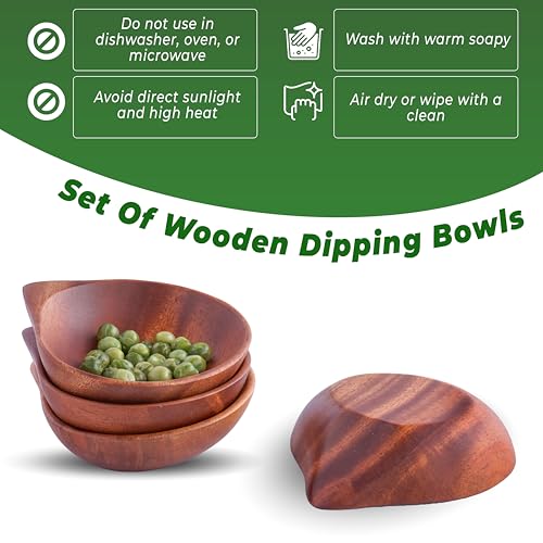 VieWood Mini Wooden Bowl Set of 4 (3.5 x 3.1 x 0.78 inch) for Condiments, Dip Sauce, Ketchup, Small Wood Bowl for Jam, little Prep, Olive (Scallop)