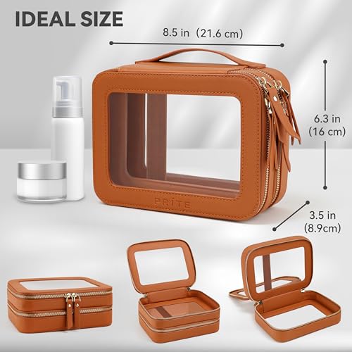 Prite Large Clear Makeup Bag Double Layer Makeup Bag for Women Travel Toiletry Bag Cosmetic Train Case with a Separate Brush Compartment for Car Essentials(Brown) - color: Brown, size: Standard - Double Layer