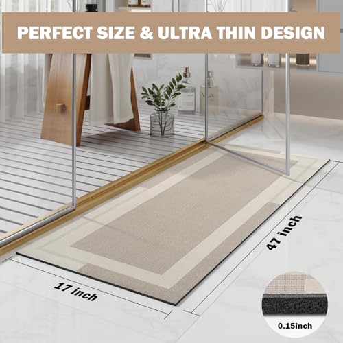 YDKGL Non Slip Long Bath Mat Bathroom Runner, Rubber Backing Ultra Thin Bathroom Rugs Fit Under Door Quick Dry Super Absorbent Washable Bath Rug Shower Mat for Bathtub Sink Floor, Beige 17"x47" - color: A- Beige, size: 17” x 47“