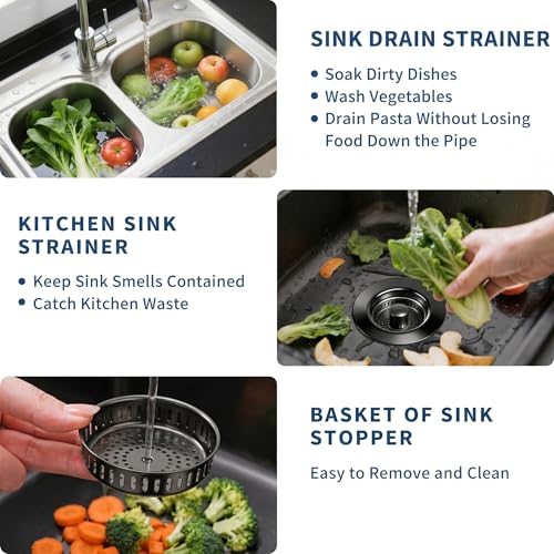 3-in-1 Kitchen Sink Drain Strainer & All-Purpose Sponges, 304 Stainless Steel Sink Stopper Pop-Up Drain Plug with Anti-Clogging Food Catcher Basket, Odor Blocker, Fits US Standard 3-1/2 Inch Sinks - color: Mattle Black