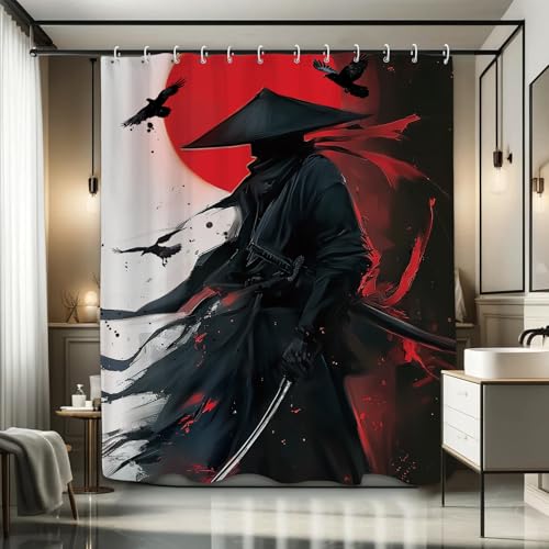 Black Red Samurai Shower Curtain 60Wx71L, Japanese Man Shower Curtains for Bathroom, Cool Asian Shower Curtain Set 12 Pack Hooks - color: Black Red Samurai, size: 60Wx71L