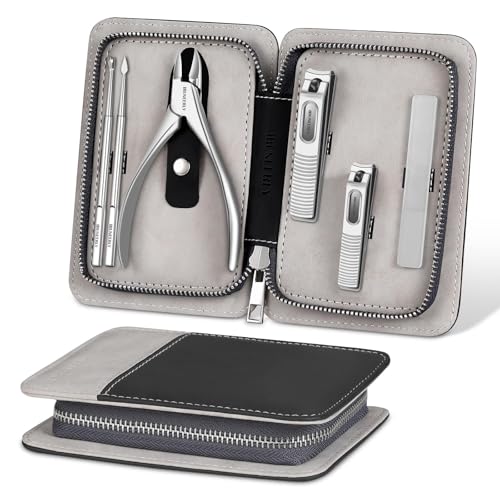 Manicure Set, Nail Cutters Set with Travel Leather Case, Professional Manicure Tools for Thick Nail & Ingrown Nail, Nail Cutters for Men and Women, Silver
