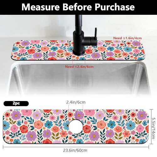 2 Pcs Kitchen Sink Splash Guard Faucet Mat Colorful Spring Flowers Faucet Mat for Sinks Absorbing Drying Mats for Kitchen Bathroom, 23.6x5.5inch - color: Spring Flowers