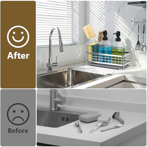 Shinowa Kitchen Dish Soap Dispenser Set, 14OZ Glass Bottle with Rustproof 304 Stainless Steel Sponge Holder and Instant Dry Tray, Hand and Dish Soap Dispenser Set for Kitchen Sink Organizer, Silver - color: Silver + Dark Grey + Transparent