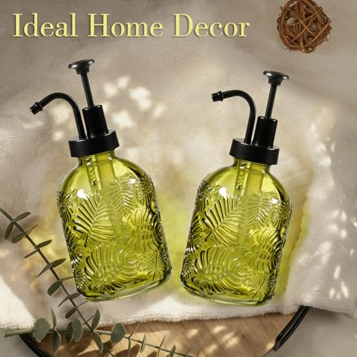 11.8Oz Vintage Glass Bathroom Soap Dispensers with Black Pump, Refillable Kitchen Dish Soap Dispenser with Embossed Leaf, Modern Farmhouse Hand Soap Liquid Bottle -2 Pack(Sage Green) - color: Sage Green/Black, size: 2Pack