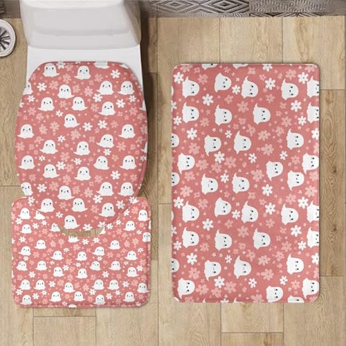 Cute Ghost Bathroom Rugs Sets 3 Piece Bathroom Rug Set with Toilet Cover Bathroom Rug Sets 3 Piece with Toilet Cover Toilet Seat Cover Set with Easy Cleaning Bathroom Accessory Set - color: Cute Ghost