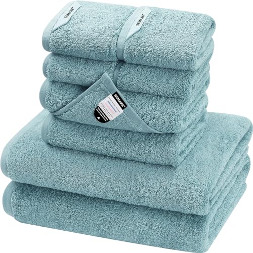 SEMAXE 8-Piece Cotton Bath Towel Set with Hanging Loops for Bathroom, Blue | Complete starter set for daily showers, sink-side use, small bathrooms, and guest baths, OEKO-TEX certified, easy care - color: A04: Blue