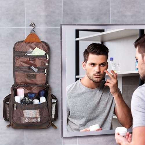 Masa Kawa Leather Hanging Travel Toiletry Bag for Men Portable Expandable Camping Cosmetics Makeup Toiletries Organizer Vintage Bathroom Shaving Kit Brown Wash Bags - color: Brown