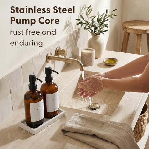 MaisoNovo Soap and Lotion Dispenser Set - Bathroom Soap Dispenser Set with Amber Glass Soap Dispenser, Black Pumps & Ceramic Tray - color: Amber Bottles/ Black Pumps/ White Ceramic Tray