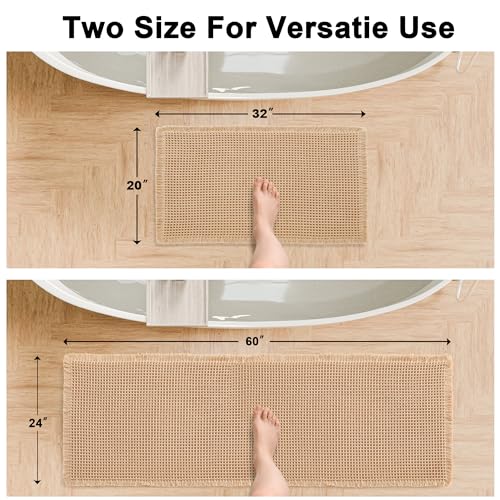 Hiasan Set of 2 Waffle Bath Mat, Super Absorbent Non Slip Bathroom Boho Rug with Tassels, Machine Washable Bath Mats for Bathroom, Ultra Soft Rubber Backed Rug, Brown, 20" x 32" + 24" x 60" - color: Brown, size: 20" x 32" + 24" x 60"