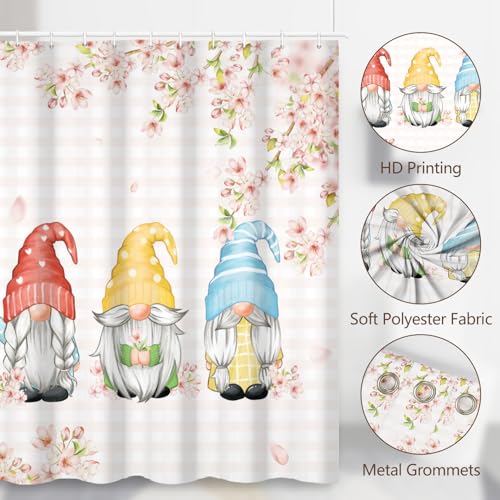 Fabric Shower Curtain with Hooks, Waterproof & Washable & Polyester, Spring Pink Gnome Cherry Floral Shower Curtains for Bathroom, Funny Cute Anime Rusitc Bathroom Curtain, House Gift, 71x74 Inch - color: Spring Cherry Floral Gnomes