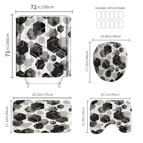 4Pcs Black White Geometric Shower Curtain Set, Neutral Modern Art Deco Shower Curtain with Hooks, Elegant Trendy Simple Bathroom Sets with Shower Curtain and Rugs, 71 * 71in - color: Black