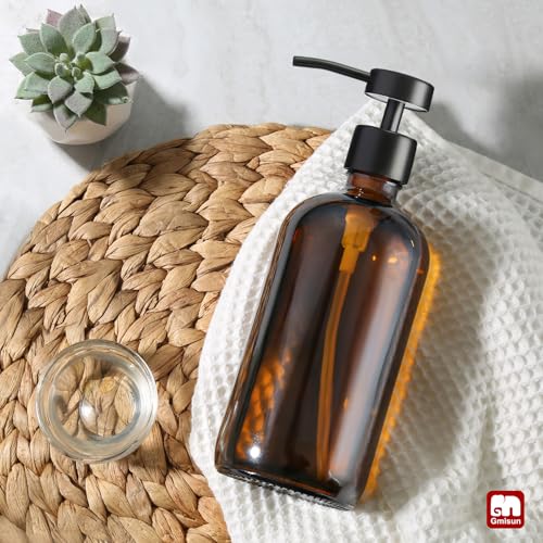 GMISUN Amber Glass Soap Dispenser, 1 Pack Dish Soap Dispensers for Kitchen with Rustproof Stainless Steel Pump, 17 Fl Oz Bathroom Hand Soap Dispenser, Brown Liquid Dishwashing Dispensers Bottle - color: Amber Bottle + Black Flat Pump, size: 1 Pack