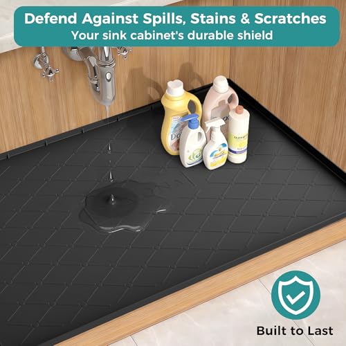 URMONA 28" x 22" Waterproof Silicone Mat in Multiple Sizes & Colors, Under Sink Mat for Kitchen & Bathroom, Pet Food Pad for Dogs & Cats, Kitchen Cabinet Liner, Multi-Purpose for Storage(Khaki) - color: Khaki, size: 22"W x 28"L