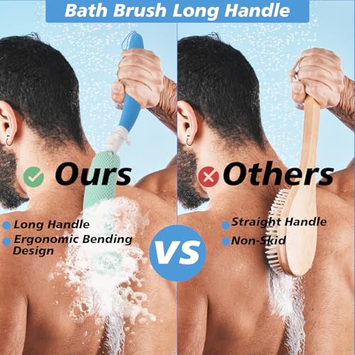 Shower Back Brush with Long Handle, 15.35" Body Brush, Long Handled Sponge Body Exfoliator, Loofah Back Scrubber for Men Women, Aid Bathing - size: Green+Blue Handle