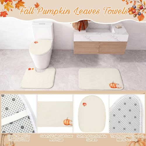 Haull 7 Pcs Fall Pumpkin Shower Curtain Set for Bathroom Autumn Leaves Non Slip Rug Toilet Lid Cover Bath Mat Towels with 12 Hooks Fall Waterproof Shower Curtain for Bathroom Autumn Thanksgiving Decor - style: Fall Pumpkin
