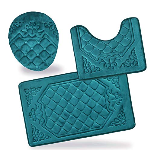 All American Collection 3PC Memory Foam Bath Mats Soft Plush Crown Design Anti-Slip Shower Bathroom Contour Toilet Lid Cover Rugs (Teal) - color: Teal