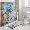 JAWO 4 Piece Blue Dahlia Dahlia Flower on Rustic Wooden Plank Country Style Shower Curtain Sets with Non-Slip Rugs, Toilet Lid Cover and Bath Mat, Shower Curtain with 12 Hooks - color: Blue, size: 5'10" x 5'10" (Rectangular)