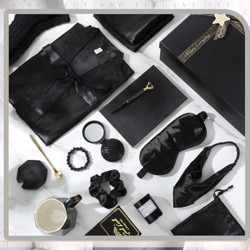 Twistover 16 Pcs Birthday Gifts for Women: Luxury Robe & Blanket Spa Gift Basket for Women -scented Candle, Mug, Notebook, Pillowcase & Spa Accessories(Black) - color: Black