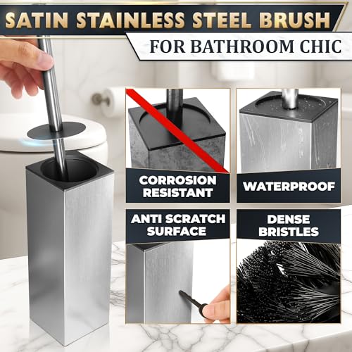 Silver Toilet Brush and Holder Set Stainless Steel – Square Design Toilet Bowl Brush and Holder, Rust, Corrosion & Scratch Resistant with Splash Protection, for Efficient Cleaning and Neat Storage - color: Silver Square