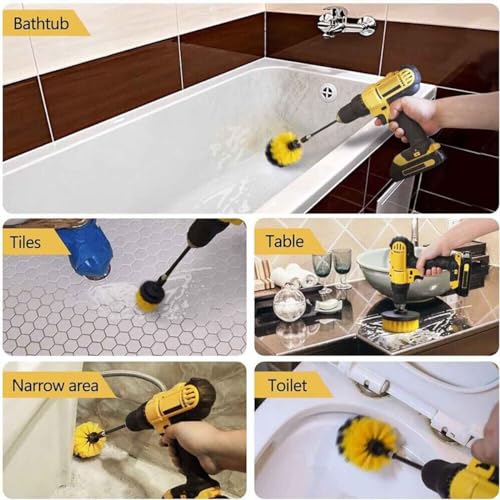 3-Pack Home Cleaning Drill Brush Set for Flooring, Tile, Grout, Kitchen & Bathroom Also Used for Car Detailing Tire, Engine Cleaning Brush Set Durable (Yellow)