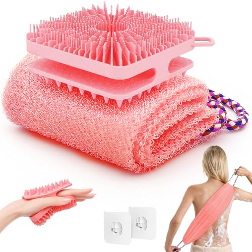 Manmihealth Dual-Sided Silicone Body Scrubber Scalp Massager & African Bath Sponge Net Set, 2-in-1 Silicone Shower Shampoo Brush Africa Wash Net Combination, Lather Well, Strong Exfoliating (Pink) - color: Shower Brush+net Sponge Set (Pink)