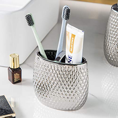 Silver Bathroom Accessory Set 4 Piece Ceramic Bath Accessories Sets Complete, Rain- Drop Shaped Bathroom Essential with Toothbrush Holder & Dish, Tumbler, Soap Dispenser Set for Bath Decor - color: Sliver01