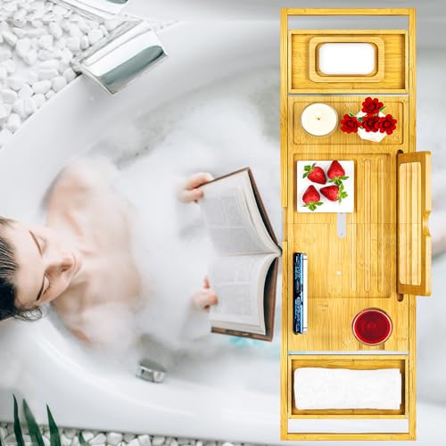 Premium Bathtub Tray Caddy with Makeup Mirror Bamboo - Bath Tray Expandable- Unique House Warming Gifts, New Home, Anniversary & Wedding Gifts for Couple, Bridal Shower Gift for Wome - color: Bamboo