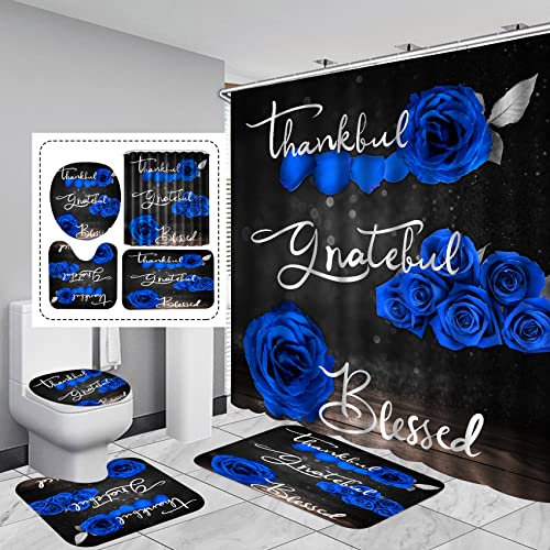 4Pcs Blue Rose Shower Curtain Set, Thankful Grateful Blessed Bathroom Curtain with Non-Slip Rug, Toilet Lid Cover, Bath Mat and 12 Hooks, Romantic Royal Blue Floral Wedding Decor for Bath, 72 x 72 in - color: Blue