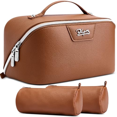 BOYATU Travel Makeup Bag Cosmetic Bags for Women: Large Capacity 3 Pcs Set Make up Bag with Compartments - Waterproof Vegan Leather Toiletry Organizer Bags with Handle (L25Brown) - color: L25Brown