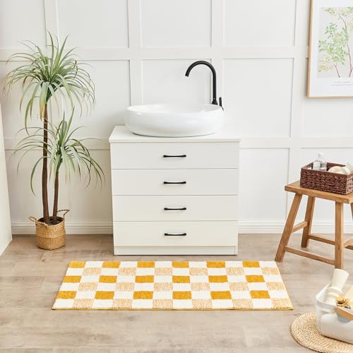 CozeCube Bath mats for Bathroom Non Slip, Fluffy Absorbent Microfiber Bath mat Washable, Aesthetic Bathroom Rugs, Cute Harvest Gold Checkered Bath mat, Harvest Gold, 32" x 20" - color: Checkered-harvest Gold, size: 2'8" x 1'8" (Rectangular)