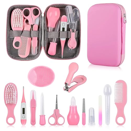 Baby Grooming Kit, Infant Safety Care Set with Hair Brush Comb Nail Clipper Nasal Aspirator,Baby Essentials Kit for Newborn Girls Boys (Pink Baby Grooming kit) - style: Pink Kit+Pink Brush