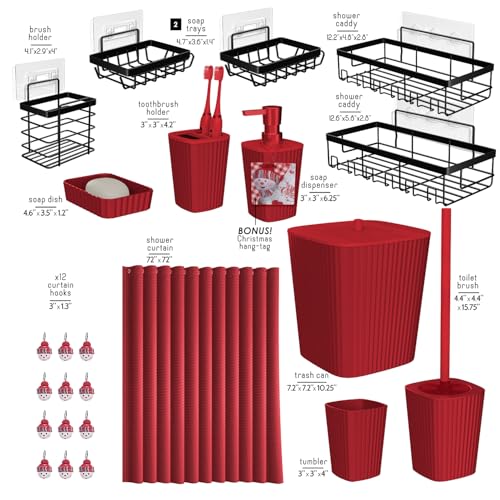 Clara Clark Bathroom Set - Christmas Bathroom Accessories Set, 24PC Bathroom Accessory Set, Christmas Bathroom Sets with Adhesive Corner Shower Caddy Hanging, Toilet Brush, Trash Can & Soap Dispenser - color: Christmas, size: Complete Set + Shower Caddy