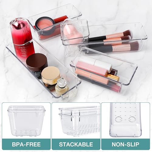 StorMiracle 13 PCS Drawer Organizer Set, 5 Varied Size Bathroom and kitchen Drawer cabinet organizer Trays, Clear Storage Bins for Makeup, Jewelry, Utensils and Gadgets - color: Clear, size: 13 PCS