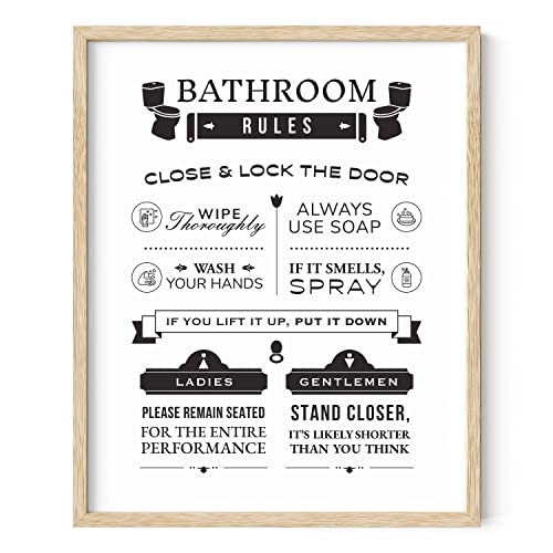 HAUS AND HUES Funny Bathroom Decor & Wall Art, Humorous Bathroom Rules Poster, Toilet Humor Sign (Framed Beige, 16x20) - color: Rules, size: 16"L x 20"W, style: Beige Framed