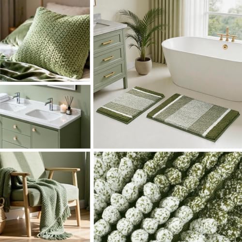 HOMEIDEAS Sage Green Bathroom Rugs, 2 Piece Thick Absorbent Fluffy Striped Chenille Bath Rugs Set, Non Slip, Soft Shaggy Bath Mats for Green Bathroom Decor, 20" x 32" Plus 17" x 24" - color: Sage Green
