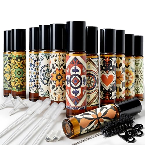 Glass Roller Bottles for Essential Oils 12 Pack Roll On Bottles 10ml Amber | Empty Rollerball Bottle Thick Glass with Oil Perfume Lip Gloss DIY Kits Boho Stickers, Leak-Proof Refillable for Travel Gift - color: Amber, size: 12 Pack