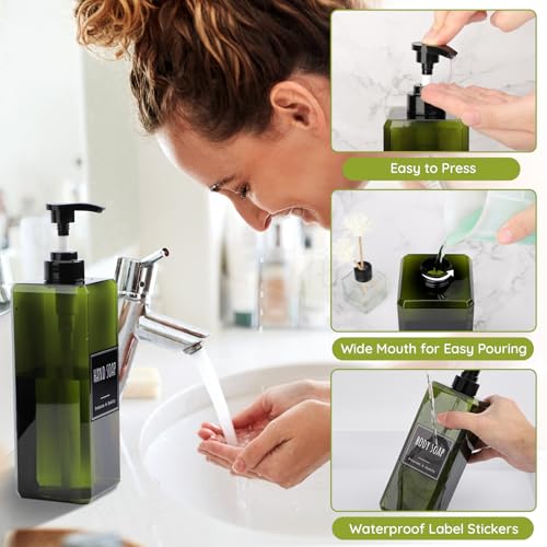 Segbeauty 33.8oz Square Plastic Soap Dispenser Refillable, 2pcs Large Capacity Empty Soap Dispenser Bathroom Kitchen, Green 1000ml Shampoo Pump Bottle Set, Hand Wash Bottles with Waterproof Labels - color: Green, style: 2pcs