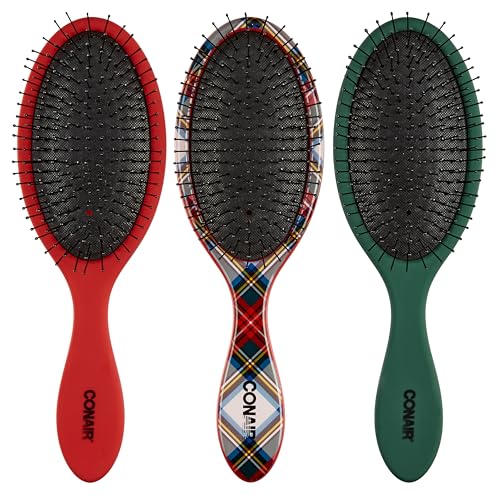 Conair Detangling Hair Brush Set 3 Pack, Use Wet and Dry and ideal for All Hair Types, Detangler Brushes for Women and girls, gifts for her, Tartan, Red, Green - color: Tartan, Red, Green, size: 3 Count Full Size
