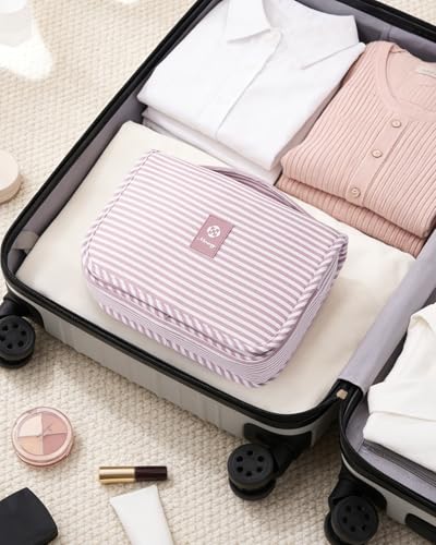 Narwey Small Hanging Toiletry Bag for Travel Women Girl, Striped Toiletries Travel Bag with Hook, Hanging Makeup Bag Organizer Make Up Cosmetic Bags, Gifts for Kids Teen (Dusty Pink Stripe) - color: Y-Dusty Pink Stripe