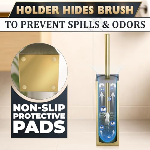 Stainless Steel Toilet Brush and Holder Set Gold & Square Design - Corrosion and Scratch-Resistant Gold Toilet Brush and Holder Set with Splash Protection - for Deep & Effective Bathroom Cleaning - color: Gold Square