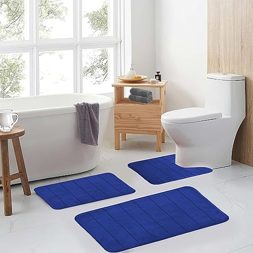 RUN HELIX Memory Foam Bath Mat Rug Set 3 Piece, Ultra Soft Non Slip and Absorbent Bathroom Rug, Machine Wash Dry, Comfortable, Thick Bath Rug Carpet for Bathroom Floor, Tub and Shower, Navy - color: Royal Blue-stripe