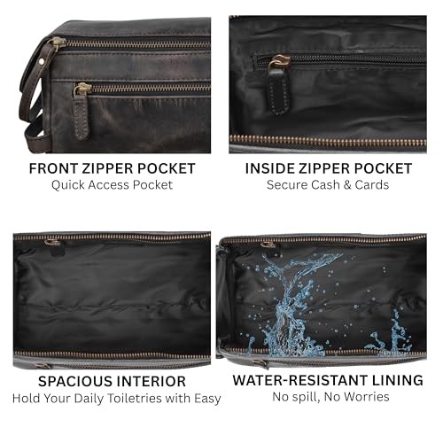 Full Grain Leather Toiletry Bag for Men & Women – Water-Resistant Travel Shaving Kit Organizer with YKK Zipper, Spacious Bathroom Grooming & Cosmetic Storage Case - Chalkboard Grey - color: Charcoal Grey