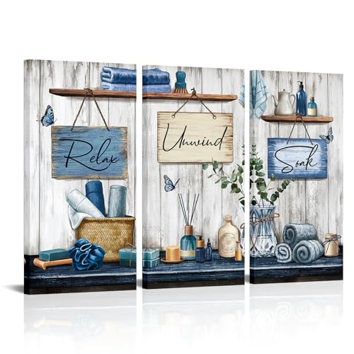 sechars Bathroom Wall Art Relax Unwind Soak Signs Canvas Prints Blue Spa Decor, 8x16 Inches Each, Framed (Blue) - color: Blue