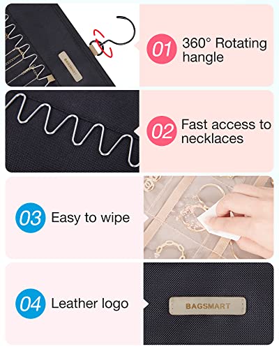 BAGSMART Hanging Jewelry Organizer Storage Roll with Hanger Metal Hooks Double-Sided Jewelry Holder for Earrings, Necklaces, Rings on Closet, Wall, Door, 1 piece, Medium, Black - color: Black, size: Medium