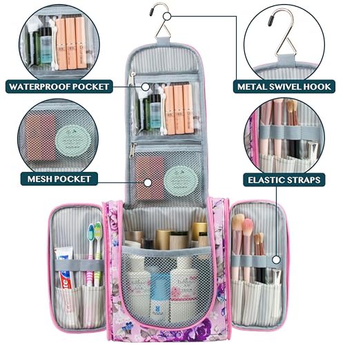 PAVILIA Toiletry Bag Travel Bag for Women Men, Hanging Cosmetic Organizer, Water Resistant Makeup Bag for Accessories Toiletries, Large Travel Essentials Kit (Floral Pink) - color: Floral Purple, size: Standard (9x4x9)