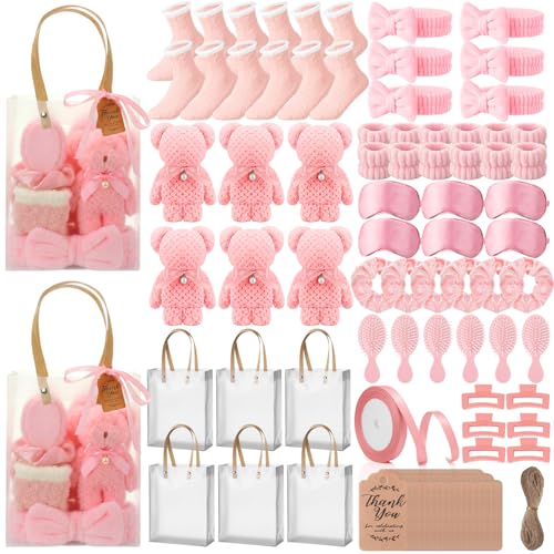 6 Set Spa Gifts Bulk for Women, Sleepover Party Favors Supplies for Bridesmaid Bridal Shower Wedding Guests Baby Shower Birthday Gift with Towels Socks Hair Tie Clip Eye Masks(Pink) - color: Pink