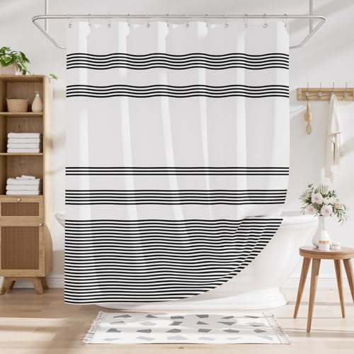 AmazerBath Shower Curtain, Striped Black Fabric Shower Curtain Set with 12 Shower Curtain Hooks, Rustic Cloth Black and White Curtain, Farmhouse Bathroom Shower Curtain Sets, 72x84 Inches - color: A- Black Stripe +12 Metal Hooks, size: 72"W x 84"L (Pack o
