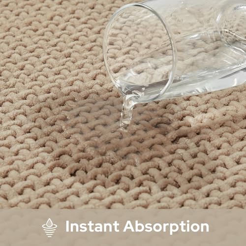 HOMEIDEAS Bathroom Rugs Set 2 Piece, Ultra Thin Non-Slip Bath Mats Rubber Backed, Chenille Absorbent Quick Dry Mats, Boho Bathroom Rugs, Low Profile Fits Under Door (Beige, 32"x20"+24"x17") - color: Beige