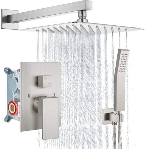 Aolemi Shower Faucet Set Rain Shower System with Handheld Spray Bathroom Shower Combo Rough-in Valve and Shower Trim Kit Included Brushed Nickel 12 Inch Wall Mount Shower Head - color: Brushed Nickel, size: 12 Inch Wall Mount Shower Head
